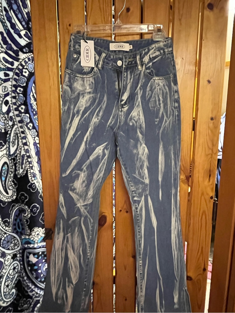 Cider Bleached-Effect Flare Jeans in Blue and White